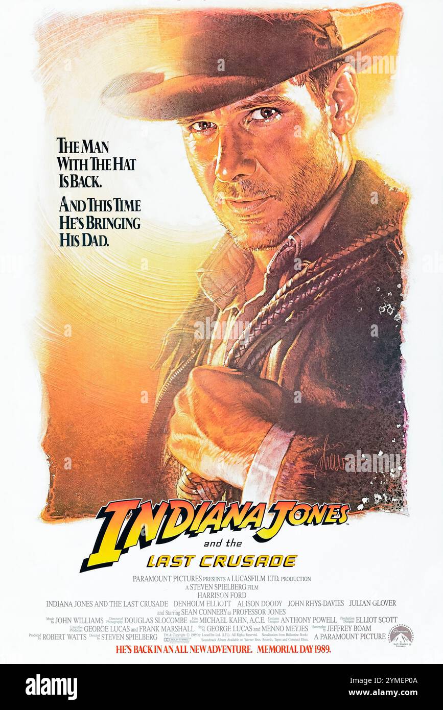 Indiana Jones and the Last Crusade (1989) von Steven Spielberg mit Harrison Ford, Sean Connery und Denholm Elliott. Ein Archäologe begibt sich auf die Suche nach dem Heiligen Gral, während er seinen Vater vor den Nazis rettet. Foto eines Original-Posters aus dem Jahr 1989 mit einem Blatt aus den USA mit einem Kunstwerk von Drew Struzan ***NUR ZUR REDAKTIONELLEN VERWENDUNG***. Quelle: BFA / Paramount Pictures Stockfoto