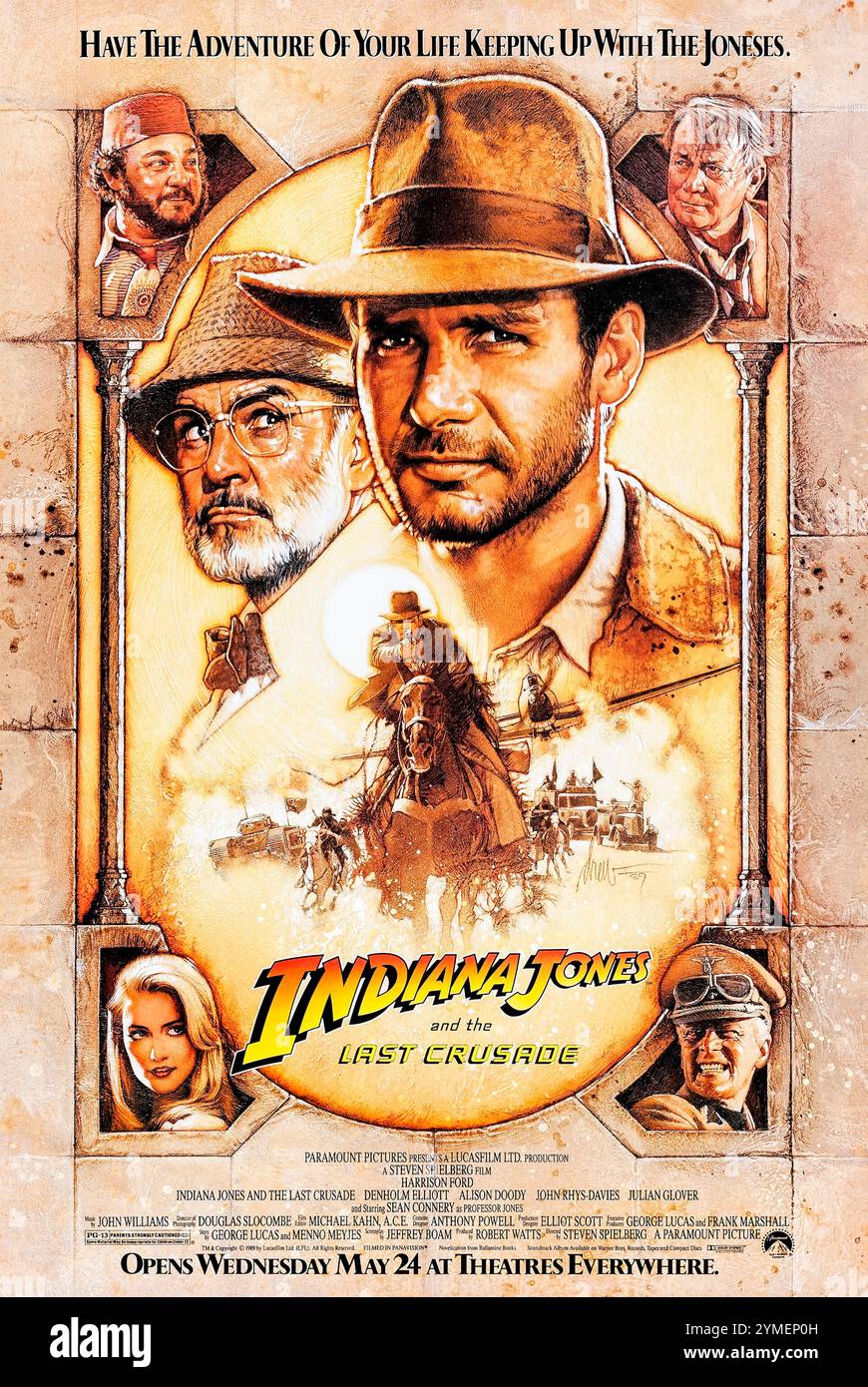 Indiana Jones and the Last Crusade (1989) von Steven Spielberg mit Harrison Ford, Sean Connery und Denholm Elliott. Ein Archäologe begibt sich auf die Suche nach dem Heiligen Gral, während er seinen Vater vor den Nazis rettet. Foto eines Original-Posters aus dem Jahr 1989 mit einem Blatt aus den USA mit einem Kunstwerk von Drew Struzan ***NUR ZUR REDAKTIONELLEN VERWENDUNG***. Quelle: BFA / Paramount Pictures Stockfoto