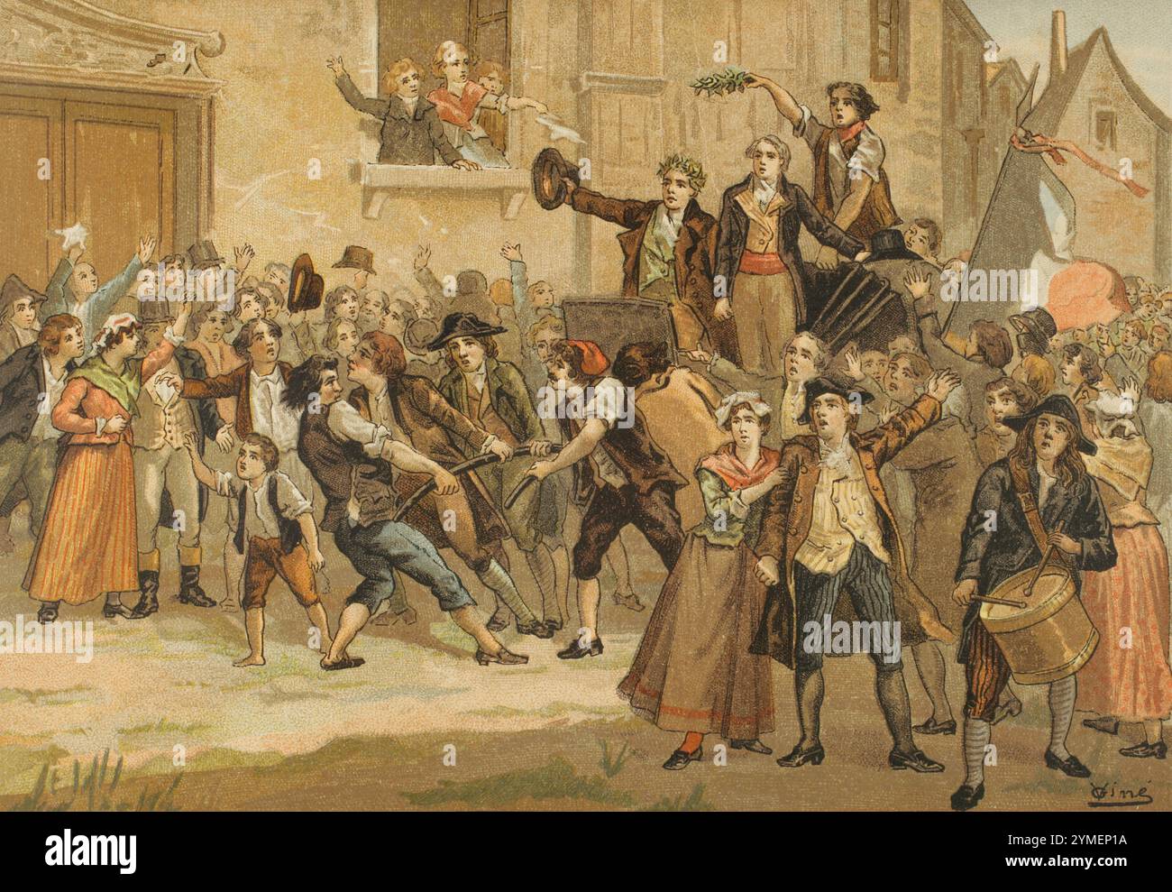 Französische Revolution. Triumph von Marat und Robespierre, 24. April 1793. Chromolithographie von Vicente Giné. Los Girondinos (Revolución Francesa) (die Girondins, Französische Revolution), von A. de Lamartine. Band I. veröffentlicht in Barcelona, 1904. Stockfoto