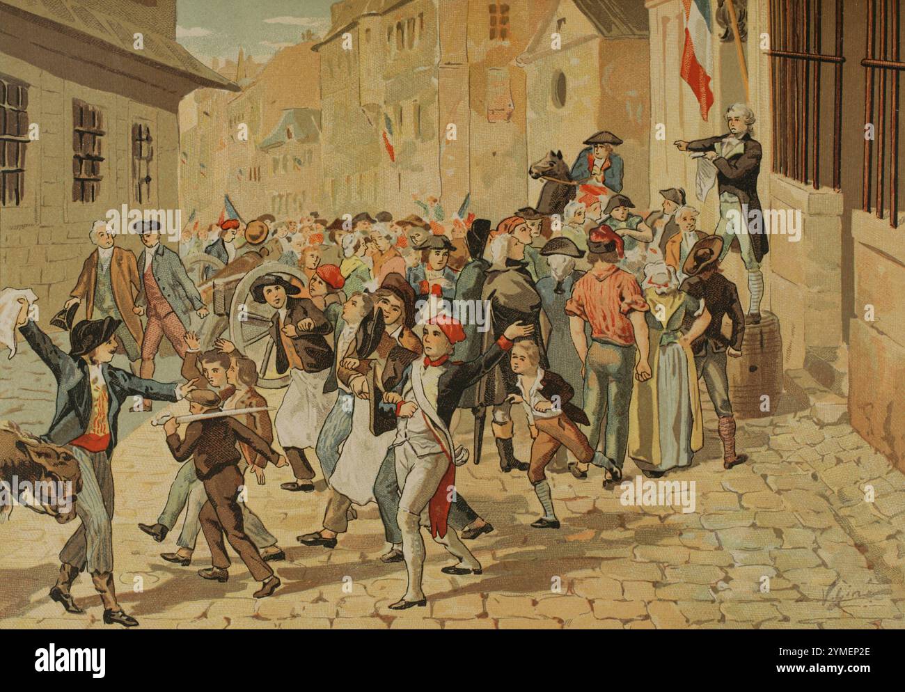 Französische Revolution. Proklamation der Ersten Französischen Republik am 21. September 1792. Chromolithographie von Vicente Giné. Los Girondinos (Revolución Francesa) (die Girondins, Französische Revolution), von A. de Lamartine. Band I. veröffentlicht in Barcelona, 1904. Stockfoto