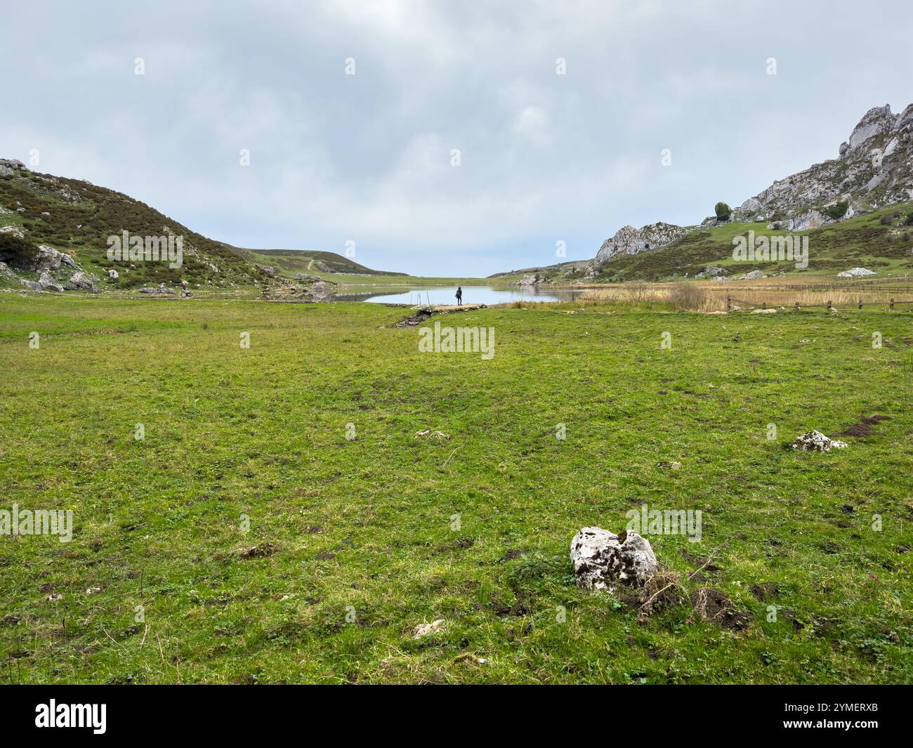 Ein Alleinreisender schaut auf den See Ercina im Nationalpark Picos de Europa in Asturien, Spanien - Smartphone-aufgenommenes Stockfoto