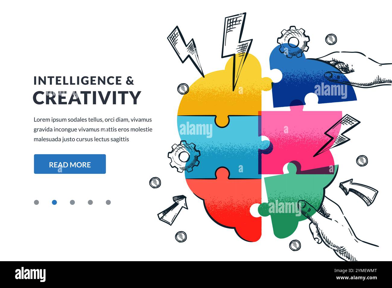 Kreativität, Teamwork, Intelligenz, Bildung, Inspirationskonzept. Menschliche Hände, die sich dem Gehirn anschließen, bilden buntes Puzzle. Vektorhandgezeichnetes Skizzengeschäft Stock Vektor