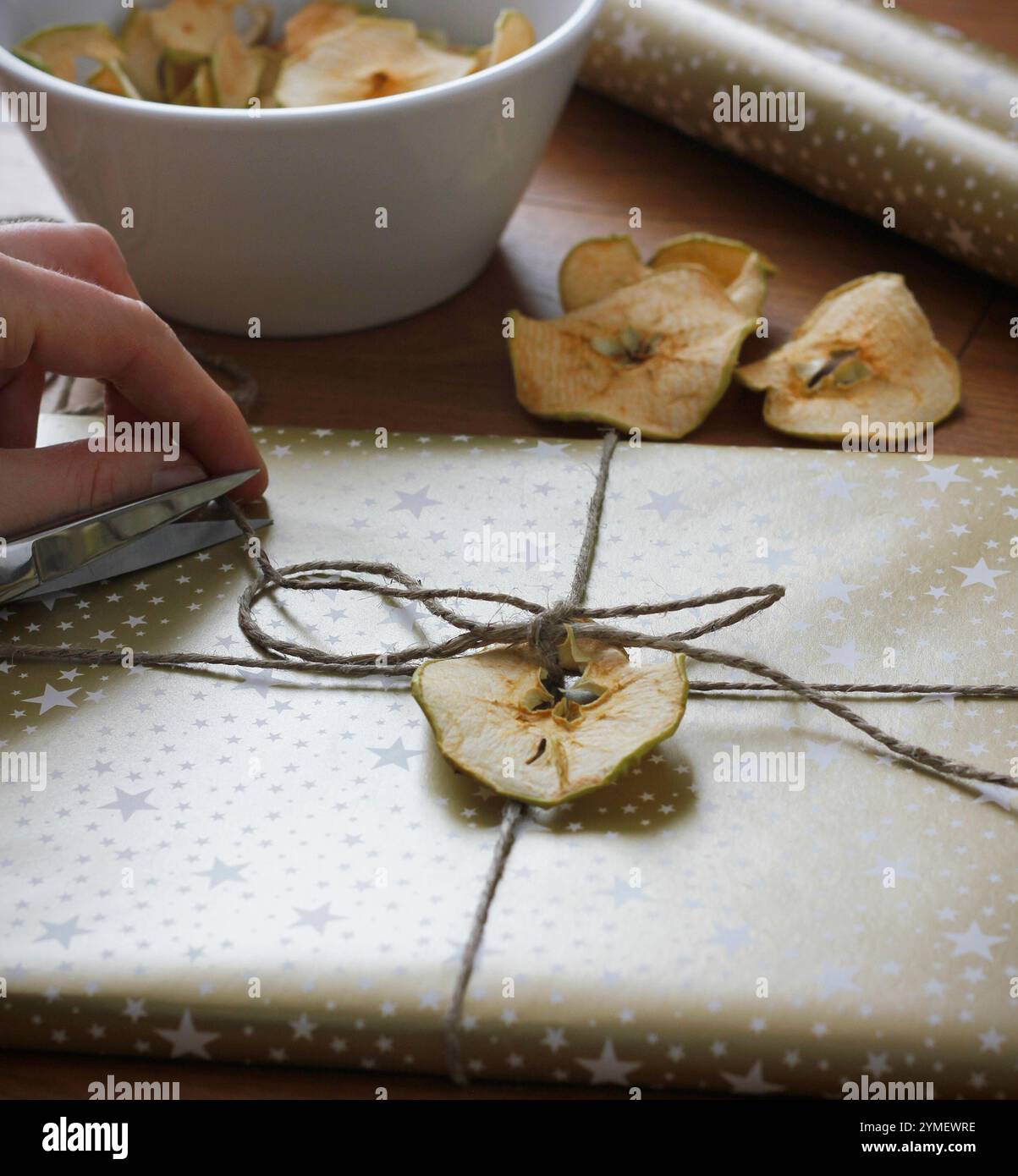 Nahaufnahme von weiblichen Händen, die Weihnachtsgeschenk umhüllen. Weihnachtsgeschenk in goldenem Geschenkpapier, verziert mit getrocknetem Apfel, getrockneten Äpfeln in einer Schüssel Stockfoto