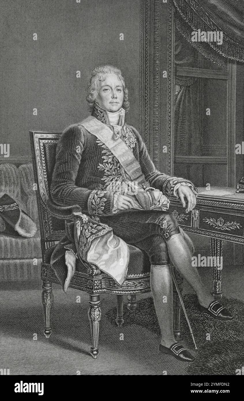 Charles Maurice de Talleyrand (Charles-Maurice de Talleyrand-Périgord) (1754-1838), Prinz von Talleyrand. Französischer säkularisierter Geistlicher, Staatsmann und Diplomat. 1779 wurde er zum Priester geweiht und 1788 zum Bischof von Autun ernannt. Während der Französischen Revolution hielt er sich an die Zivilverfassung des Klerus (1790) und verzichtete später auf das Priestertum, um ein säkulares Leben zu führen. 1789 wurde er zum stellvertretenden Klerus des Generalstabs gewählt. Präsident der verfassungsgebenden Nationalversammlung (16-27. Februar 1790). Französischer Botschafter im Vereinigten Königreich (1792-1793). Hochformat. Stich von Goutière. „Histoir Stockfoto