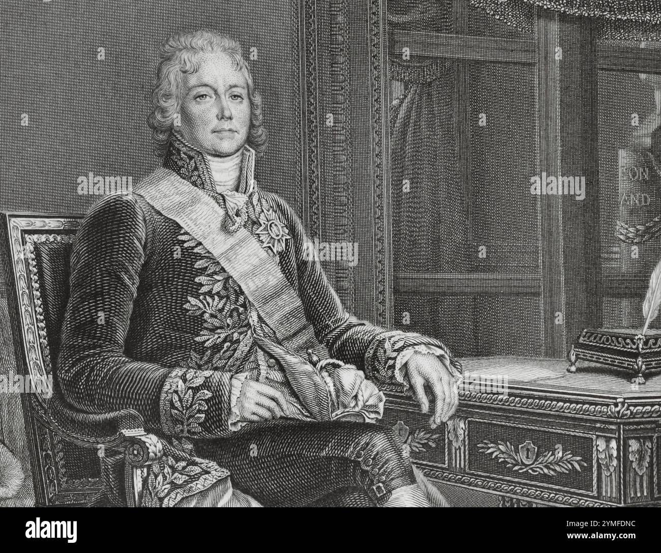 Charles Maurice de Talleyrand (Charles-Maurice de Talleyrand-Périgord) (1754-1838), Prinz von Talleyrand. Französischer säkularisierter Geistlicher, Staatsmann und Diplomat. 1779 wurde er zum Priester geweiht und 1788 zum Bischof von Autun ernannt. Während der Französischen Revolution hielt er sich an die Zivilverfassung des Klerus (1790) und verzichtete später auf das Priestertum, um ein säkulares Leben zu führen. 1789 wurde er zum stellvertretenden Klerus des Generalstabs gewählt. Präsident der verfassungsgebenden Nationalversammlung (16-27. Februar 1790). Französischer Botschafter im Vereinigten Königreich (1792-1793). Hochformat. Stich von Goutière. Details. Stockfoto