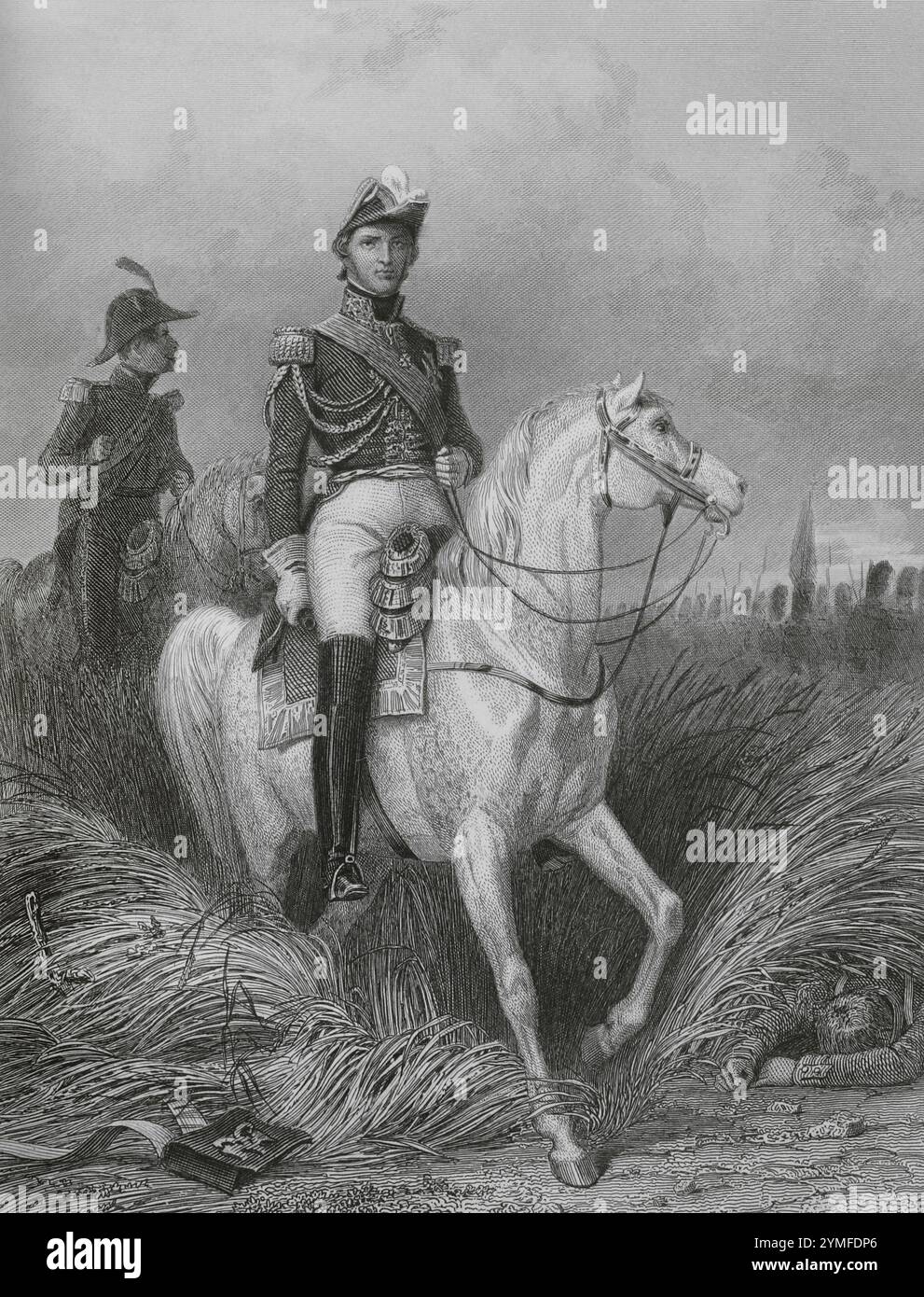 Louis-Nicolas Davout (1770-1823). Französischer Offizier und Marschall des Reiches 1804. Herzog von Auerstaedt und Fürst von Eckmühl. Reiterporträt. Zeichnung von Karl Girardet. Stich von Paul Girardet. "Histoire du Consulat et de l'Empire" (Geschichte des Konsulats und des französischen Reiches unter Napoleon), von A. Thiers. Band VII. Veröffentlicht in Paris, 1847. Autor: Karl Girardet (1813-1871). Schweizer Künstler. Paul Girardet (1821-1893). Französischer Kupferstecher in der Schweiz. Stockfoto