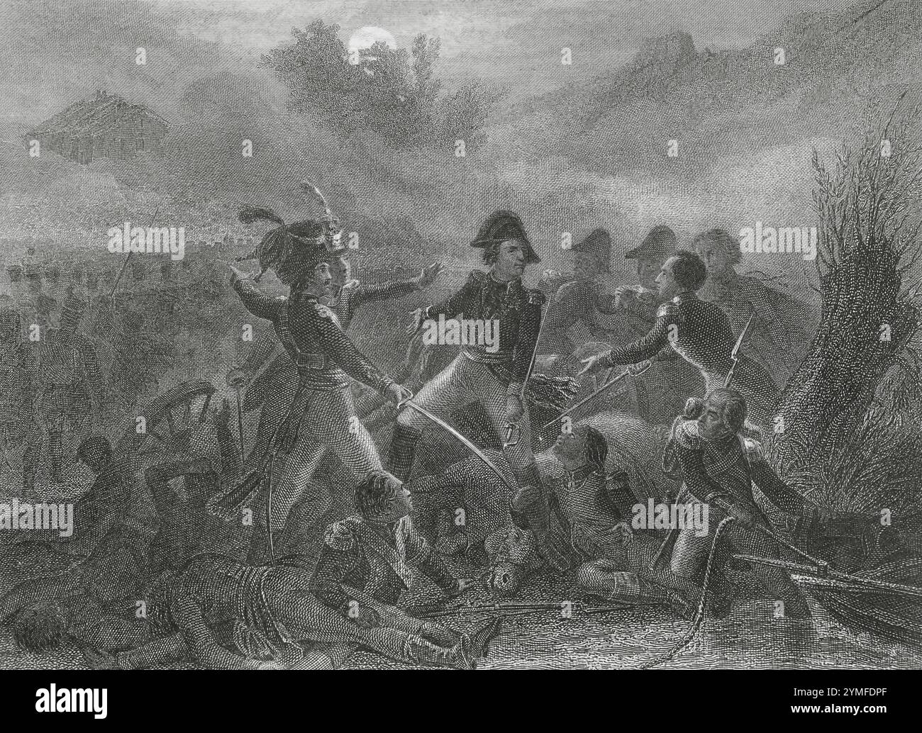 Napoleonische Kriege. Marschall Edouard Mortier (1768–1835) in der Schlacht bei Dürenstein (11. November 1805) während des Dritten Koalitionskrieges. Zeichnung von A. Sandoz. Stich von John Outhwaite. "Histoire du Consulat et de l'Empire" (Geschichte des Konsulats und des französischen Reiches unter Napoleon), von A. Thiers. Band VI. Veröffentlicht in Paris, 1847. Autor: Aktiv in Paris zwischen Ende des 18. Und Jean Outhwaite (1810-1878). Französischer Graveur. Auguste Sandoz. Französischer Künstler. Stockfoto