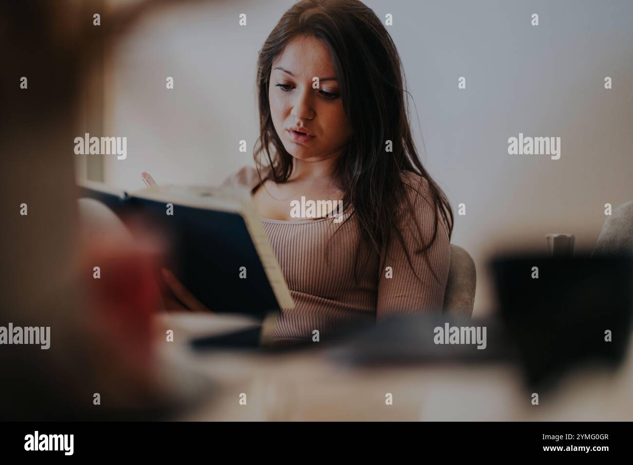 Ein konzentrierter Student liest ein Buch zu Hause Stockfoto