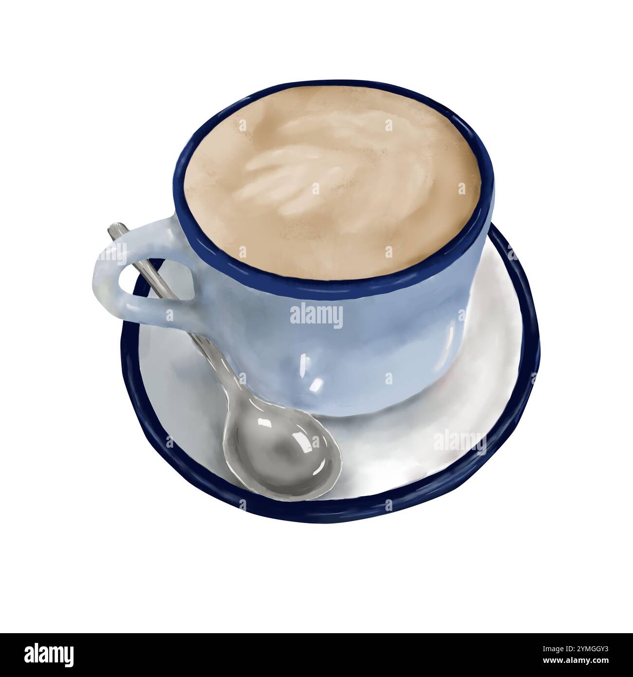 Keramikkkaffee mit cremigem Schaum. Eine Tasse heißen Kakao und einen Löffel in einer Untertasse. Digitale Aquarellabbildung. Eine Tasse und Untertasse mit blauem Rand Stockfoto