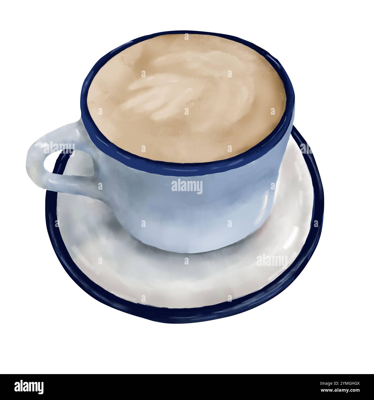 Keramikbecher mit cremigem Kaffeeschaum und Latte Art-Muster. Eine Tasse heißen Kakao auf einer Untertasse. Digitale Aquarellabbildung. Ein Becher und eine Untertasse mit einem bl Stockfoto