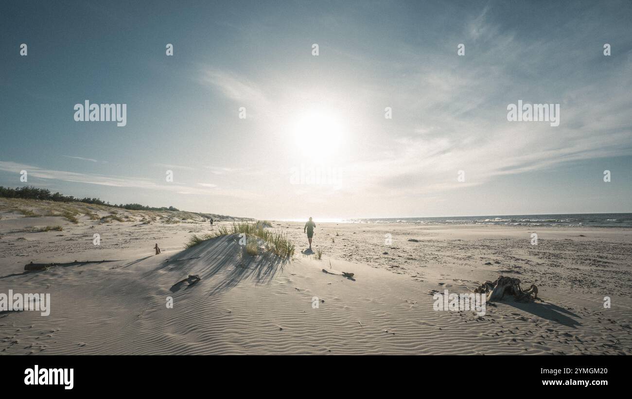 Zwei Personen spazieren gemütlich an einem Sandstrand entlang, der direkt neben dem riesigen Meer liegt, und genießen die wunderschöne Landschaft um sie herum Stockfoto