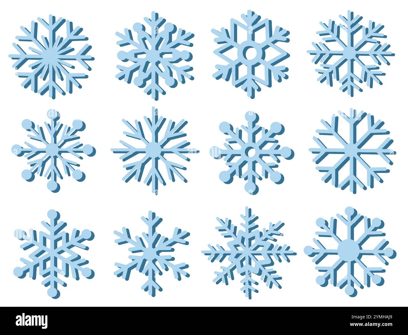 Eine Kollektion stilvoller blauer Schneeflocken auf einem klaren weißen Hintergrund mit einzigartigen und symmetrischen Mustern. Konzept von Winter, Natur Stock Vektor