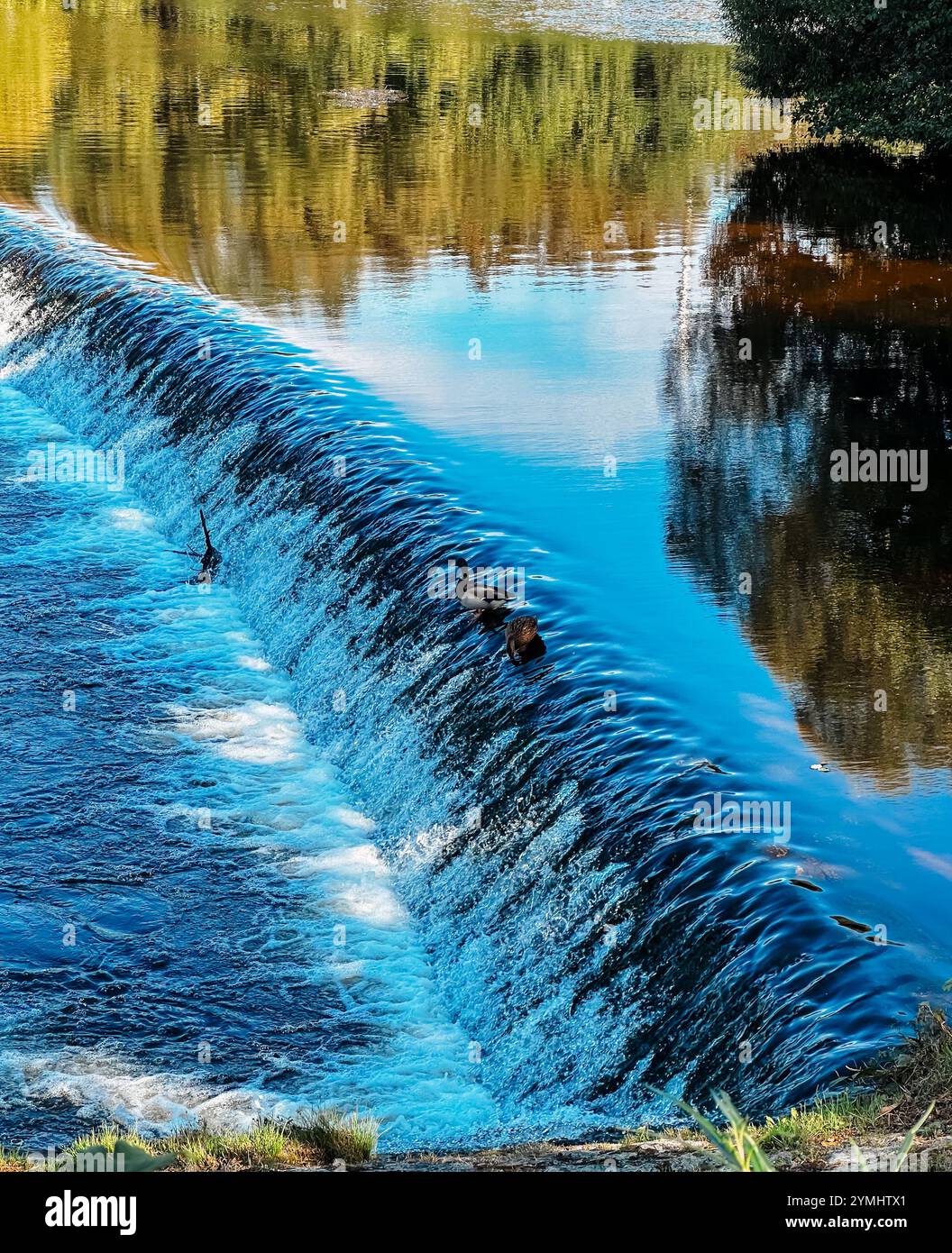 Ein Wasserfall mit einem blauen Fluss darunter. Das Wasser ist ruhig und klar. Es fliegen Vögel über das Wasser Stockfoto