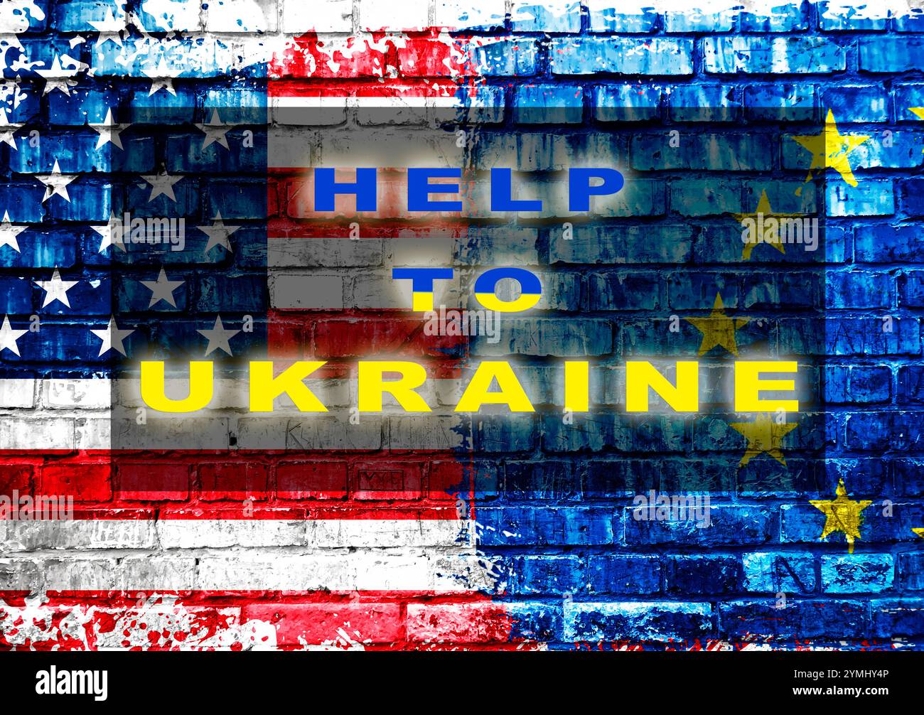 Flagge mit den Worten "Hilfe für die Ukraine" darauf. Die Flagge ist eine Kombination der amerikanischen und europäischen Flaggen Stockfoto