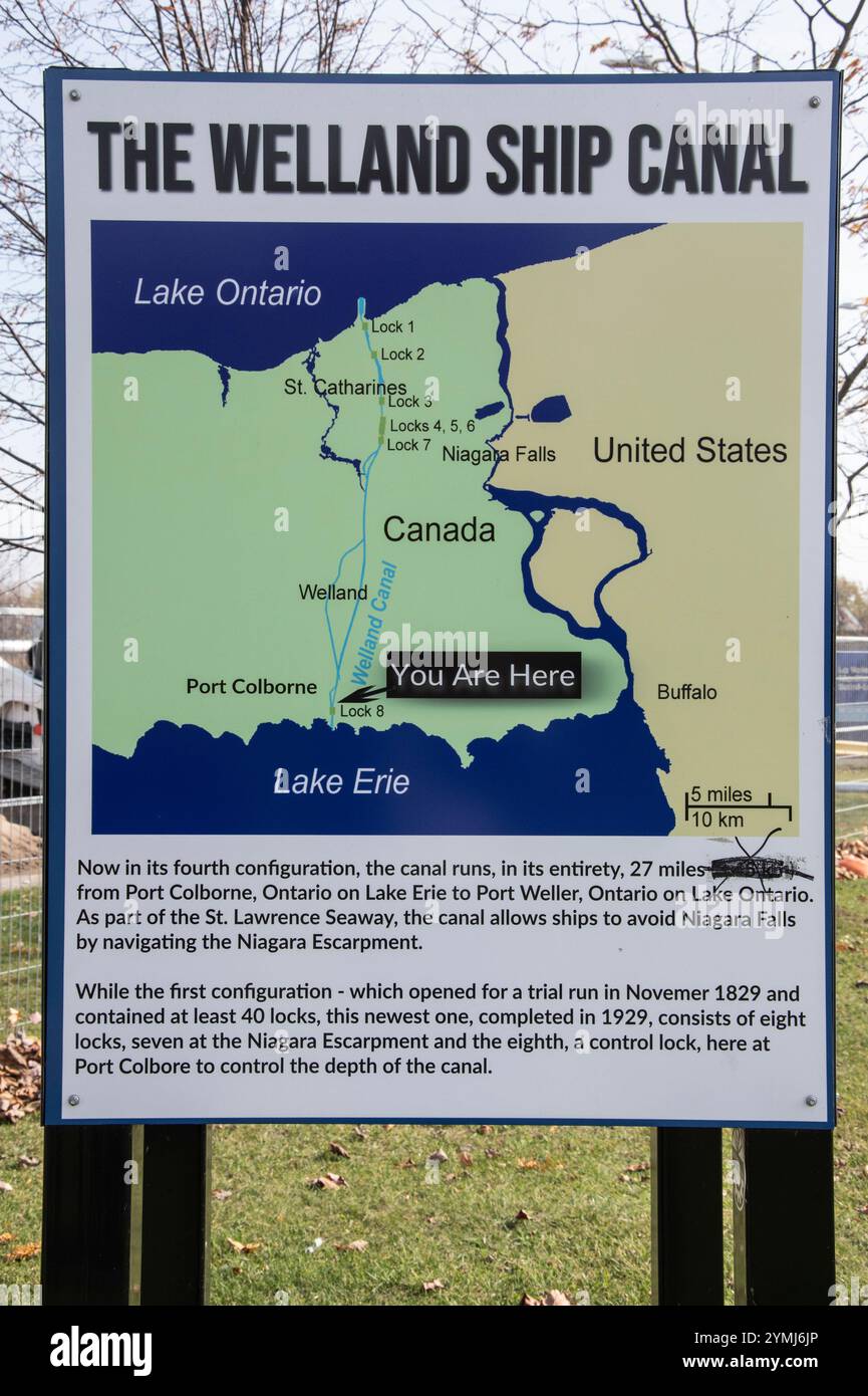 Schild für den Welland-Schiffskanal am Lock 8 Gateway Park auf der Mellanby Avenue in Port Colborne, Ontario, Kanada Stockfoto