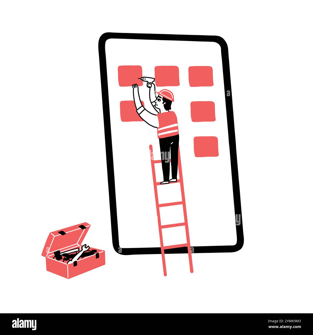Ingenieur bei der Entwicklung von Projektanwendungen auf Mobilgeräten. Handgezeichnete Illustrationen Vektor-Doodle-Stil. Stock Vektor