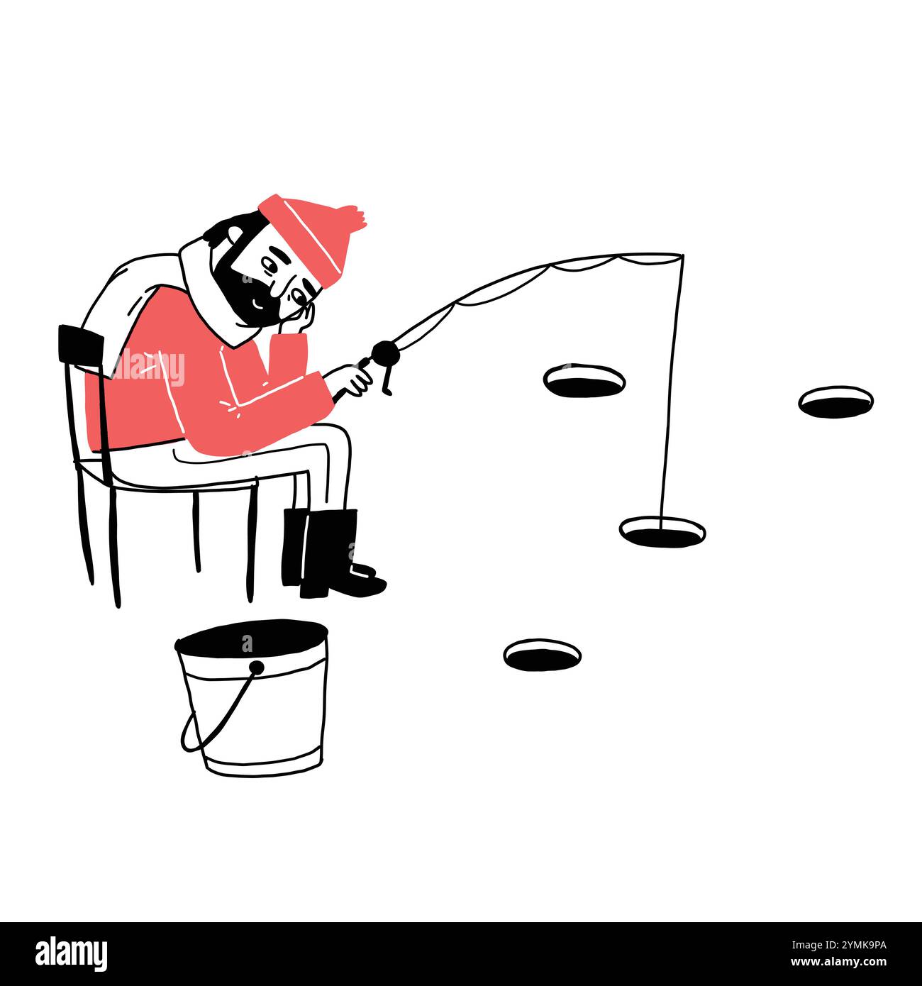 Der alte Mann in warmen Kleidern auf eisbedecktem, gefrorenem See riecht beim Angeln. Handgezeichnete Illustrationen Vektor-Doodle-Stil. Stock Vektor