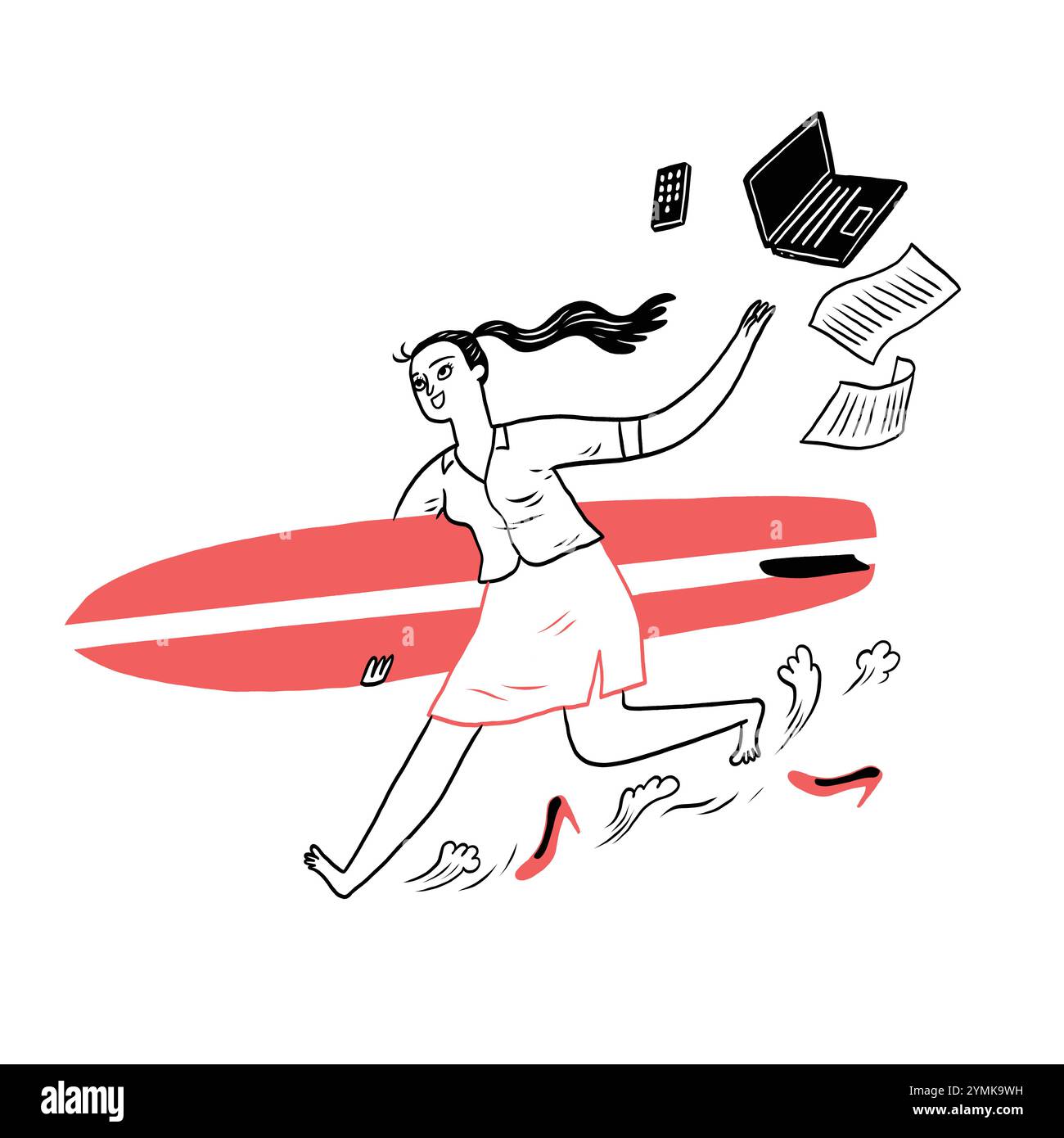 Eine Frau läuft fröhlich mit einem Surfbrett und lässt Bürobedarf zurück. Diese lebendige Illustration fängt den Geist der Freiheit und des Abenteuers ein. Stock Vektor