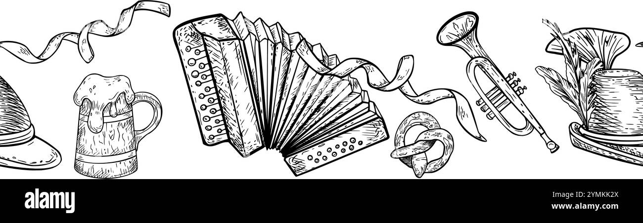 Nahtloses Vektormuster schwarz weiß von traditionellen Oktoberfest Elemente Bierbecher, Akkordeon, Trompete, Brezel, bayerischer Hut, und Dekorationen isoliert Stock Vektor