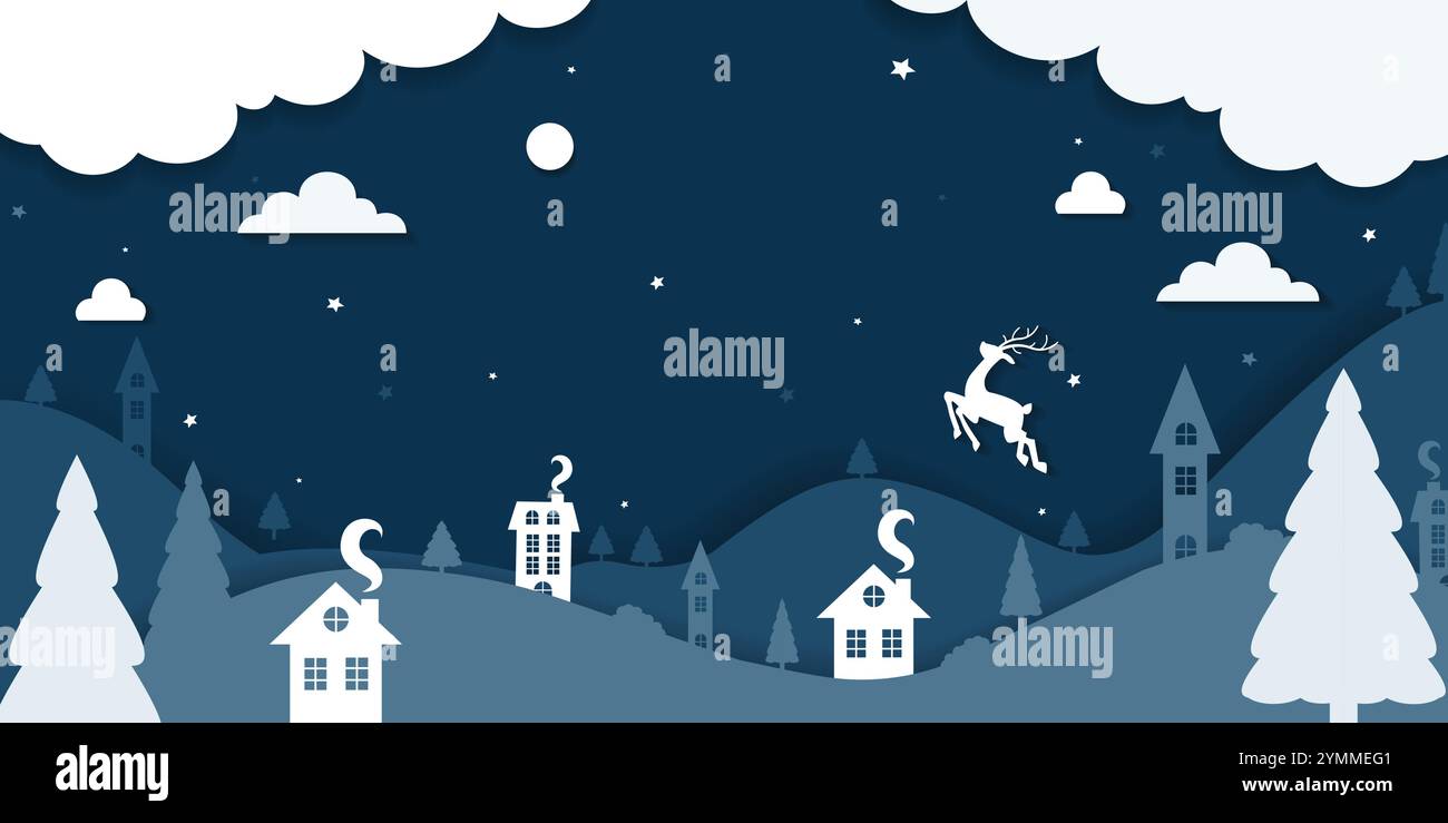 Weihnachtspapier Schnitt Vektor Hintergrund Design. Frohe Weihnachten und frohe Neujahrsgrußtext mit Hirsch, Papier geschnittene Kiefern und Wolken Dekoration Stock Vektor