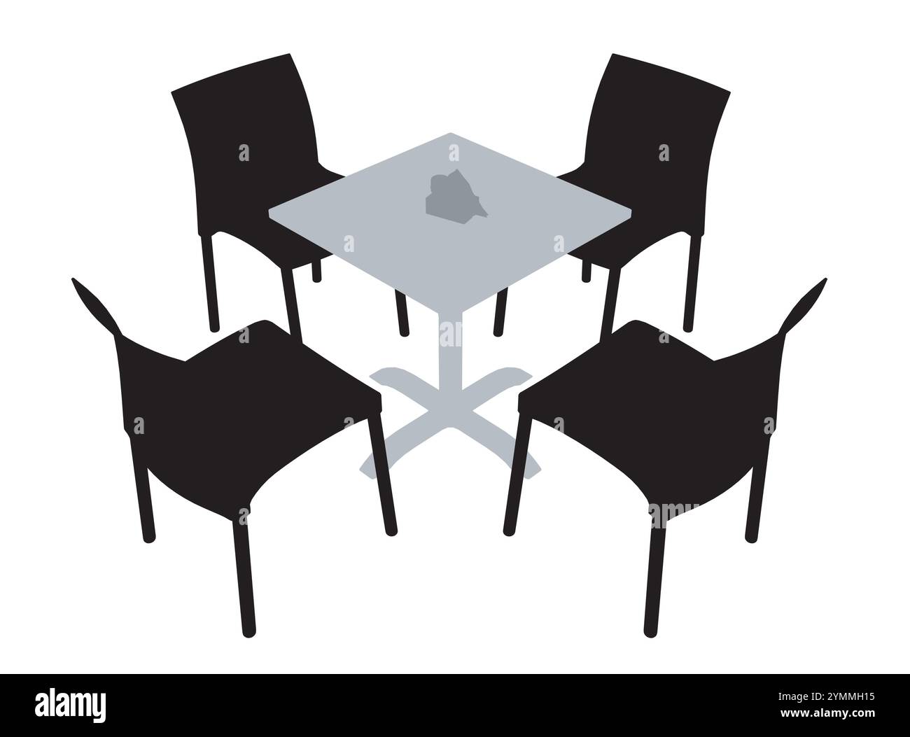 Stühle und Tischsilhouette für Restaurants und Cafés. Einfache Innenobjekte zum Essen. Vektorabbildung. Isometrische Ansicht Stock Vektor