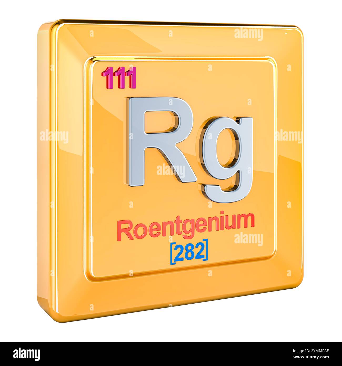 Roentgenium RG, chemisches Elementzeichen mit der Nummer 111 im Periodensystem. 3D-Rendering isoliert auf weißem Hintergrund Stockfoto