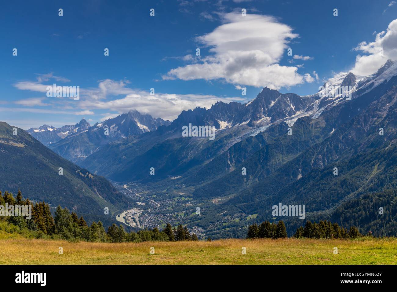 Tour du Mont Blanc wunderschöne Landschaften in den Alpen an einem sonnigen Sommertag. Grünes Gras auf der Almwiese umgeben von hohen Berggipfeln Stockfoto Tour du Mont Blanc wunderschöne Landschaften in den Alpen an einem sonnigen Sommertag. Grünes Gras auf der Almwiese umgeben von hohen Berggipfeln Stockfoto