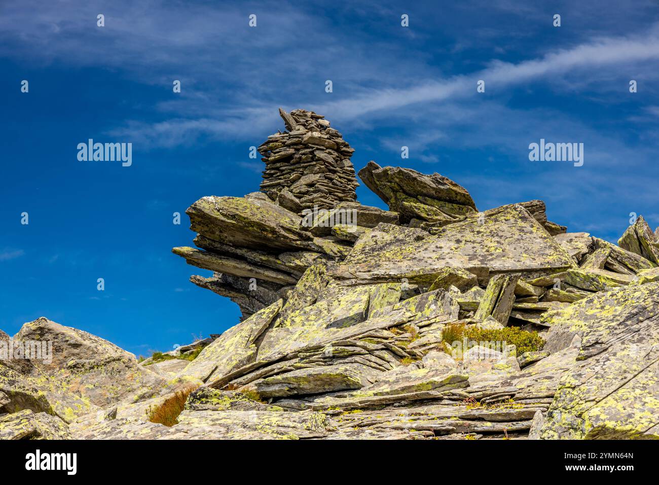 Tour du Mont Blanc wunderschöne Landschaften in den Alpen an einem sonnigen Sommertag. Grünes Gras auf der Almwiese umgeben von hohen Berggipfeln Stockfoto Tour du Mont Blanc wunderschöne Landschaften in den Alpen an einem sonnigen Sommertag. Grünes Gras auf der Almwiese umgeben von hohen Berggipfeln Stockfoto