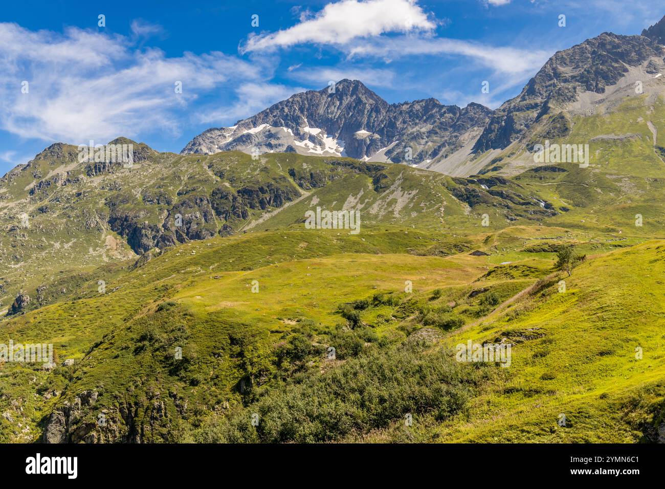 Tour du Mont Blanc wunderschöne Landschaften in den Alpen an einem sonnigen Sommertag. Grünes Gras auf der Almwiese umgeben von hohen Berggipfeln Stockfoto Tour du Mont Blanc wunderschöne Landschaften in den Alpen an einem sonnigen Sommertag. Grünes Gras auf der Almwiese umgeben von hohen Berggipfeln Stockfoto