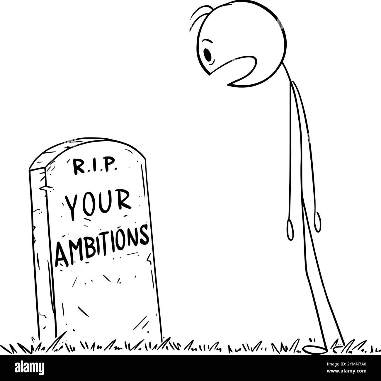 Schockierte Person, die auf das Grab seiner Ambitionen blickt, Vektor-Cartoon-Stabfigur oder Charakterillustration. Stock Vektor