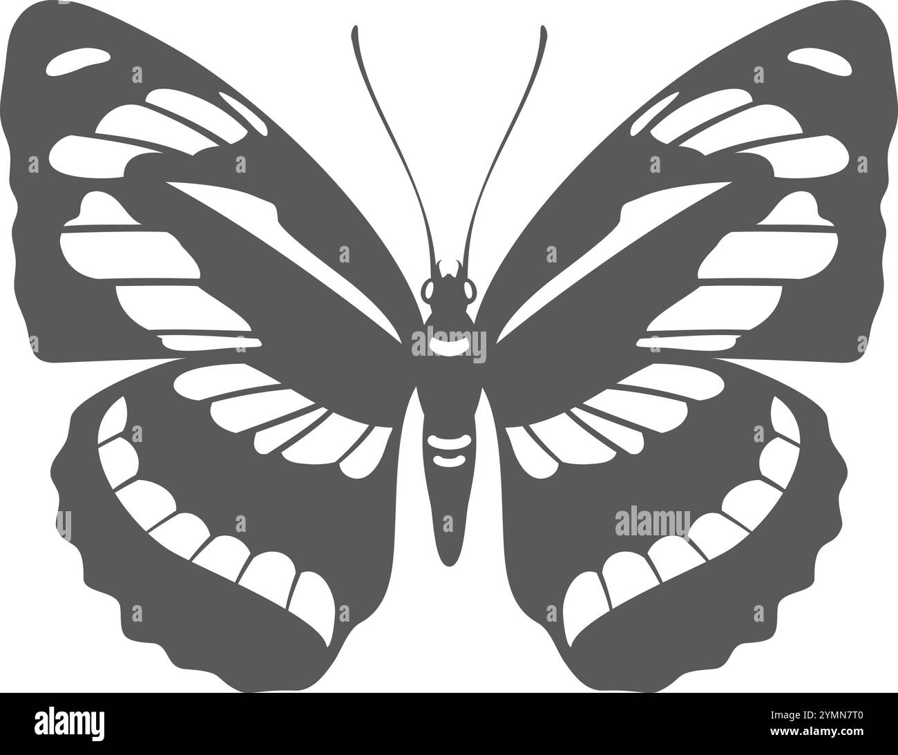 Gestreifte Flügel, schwarze Silhouette mit Schmetterlingsdesign. Schönes Streifenmuster isoliert auf weißem Hintergrund Stock Vektor