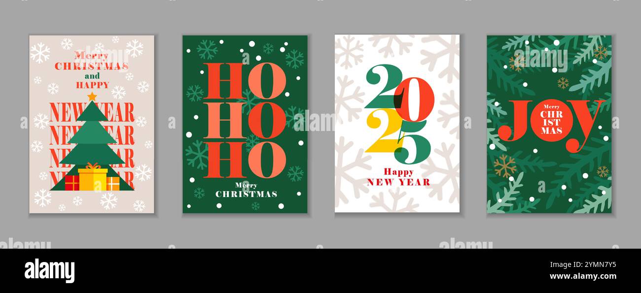 Modernes, wunderschönes Grußkartenset für frohe Weihnachten und Happy New Year 2025. Vektor-Feiertagsdesign mit Zweigen Weihnachtsbaum und Schneeflocken Stock Vektor