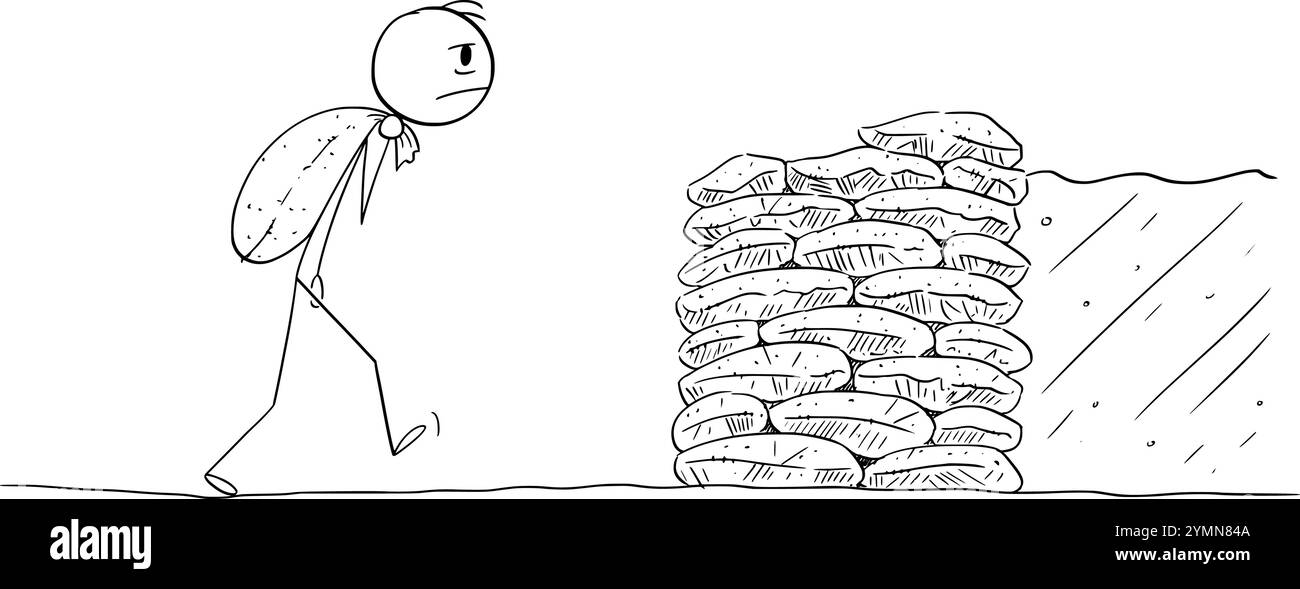 Person während der Wasserflut Gebäude Sandsackwand zum Schutz von Eigentum, Vektor-Cartoon-Stabfigur oder Charakter-Illustration. Stock Vektor