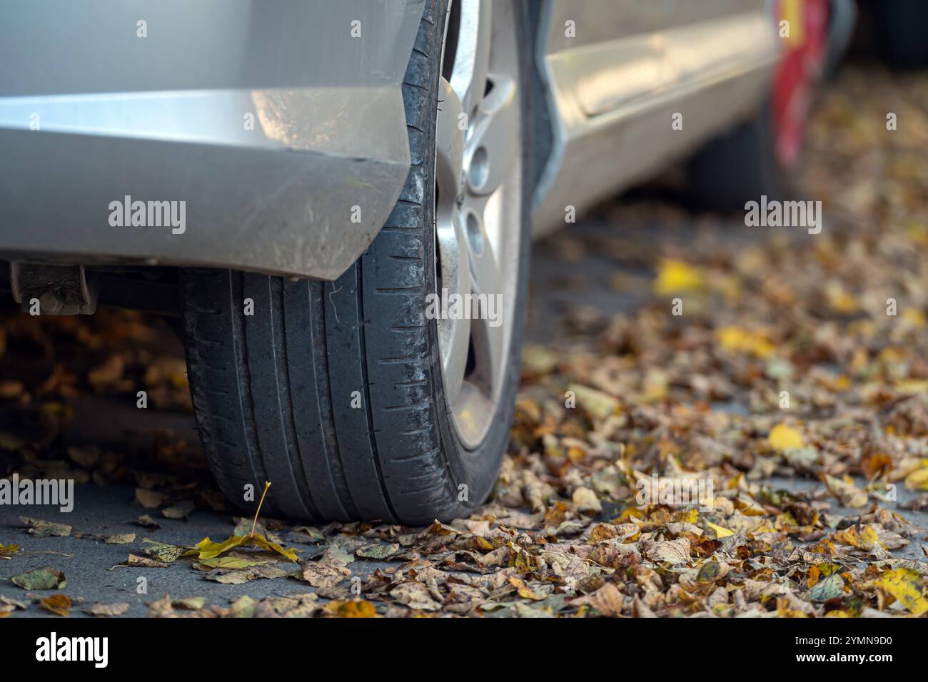 Platter Reifen auf einem Bett aus bunten Herbstlaub in der Nähe eines geparkten silbernen Autos Stockfoto