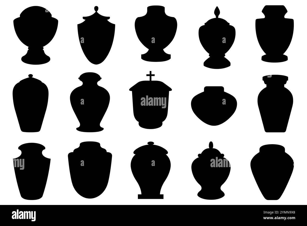 Set verschiedener Urnen zur Einäscherung von Begräbnissen isoliert auf weißem Hintergrund Stockfoto