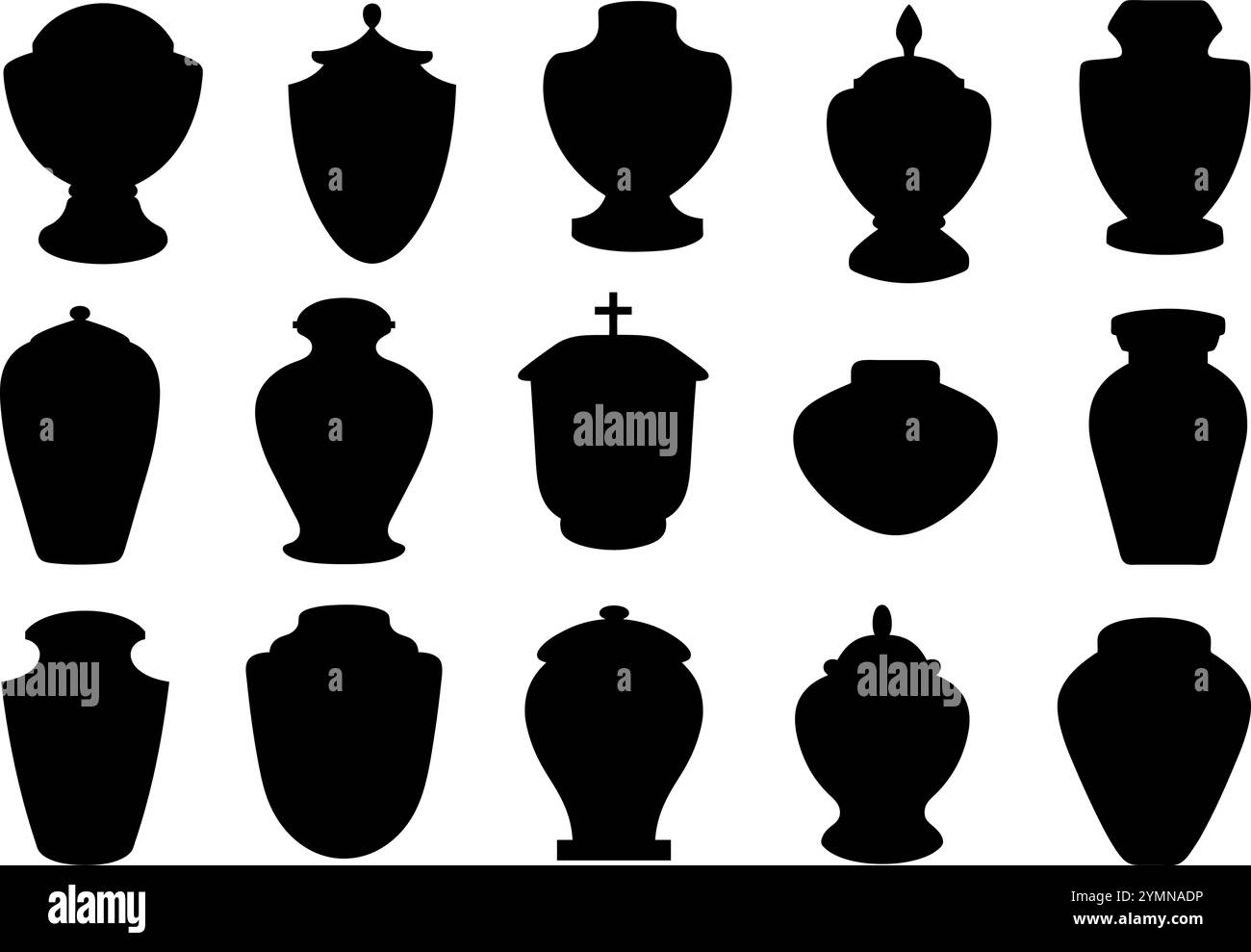 Set verschiedener Urnen zur Einäscherung von Begräbnissen isoliert auf weißem Hintergrund Stock Vektor