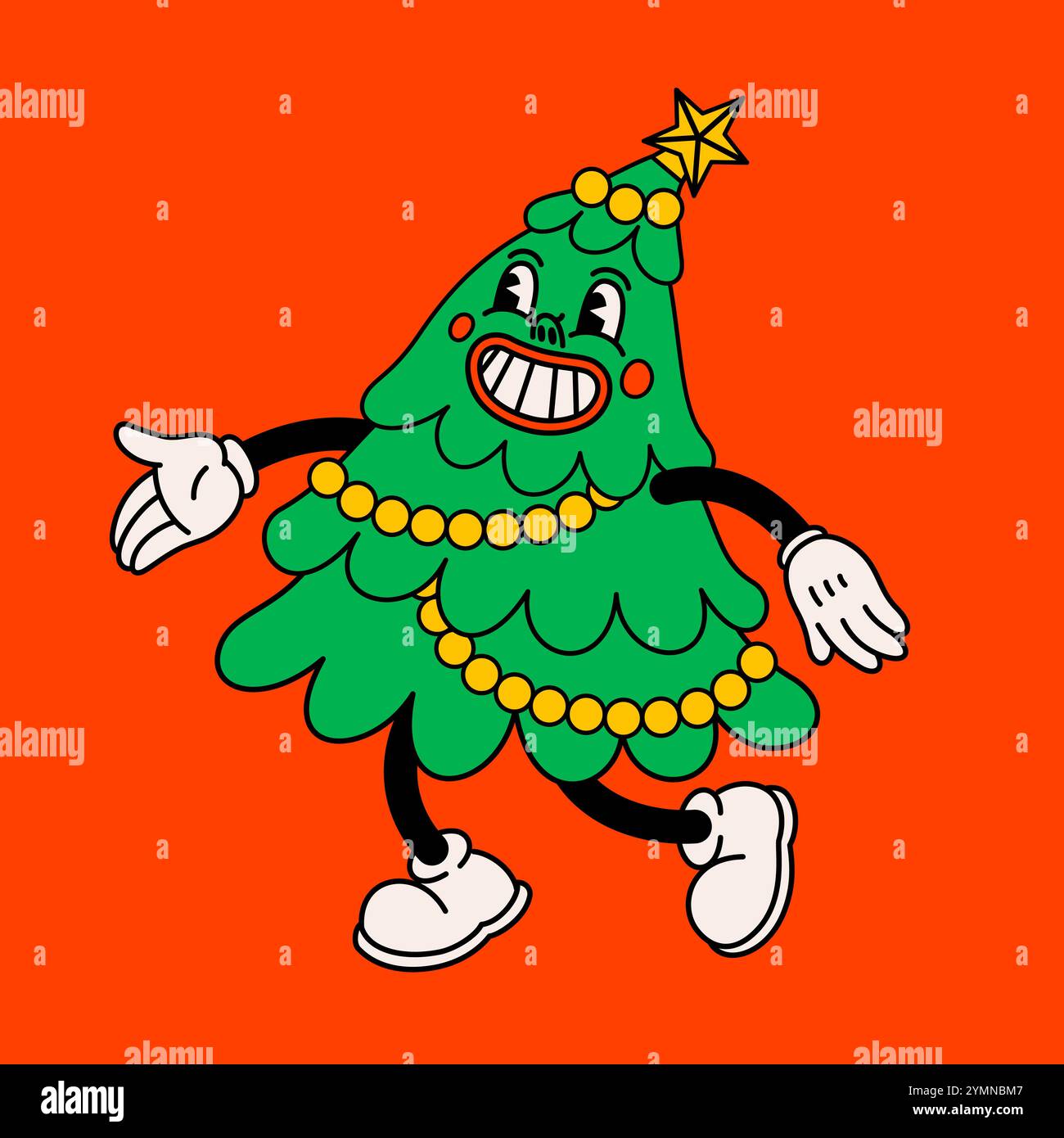 Weihnachtskarte im Retro-Stil mit groovigem Weihnachtsbaum. Grooviger Vintage-weihnachtsbaum mit glücklichem Gesicht. Ideal für Weihnachten und Neujahr Stock Vektor