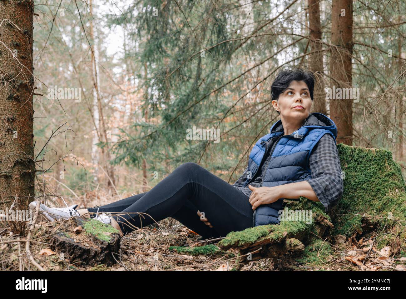 Eine Frau ruht in einem Kiefernwald, lehnt sich an einen Baumstumpf. Nach oben schauen. Stockfoto