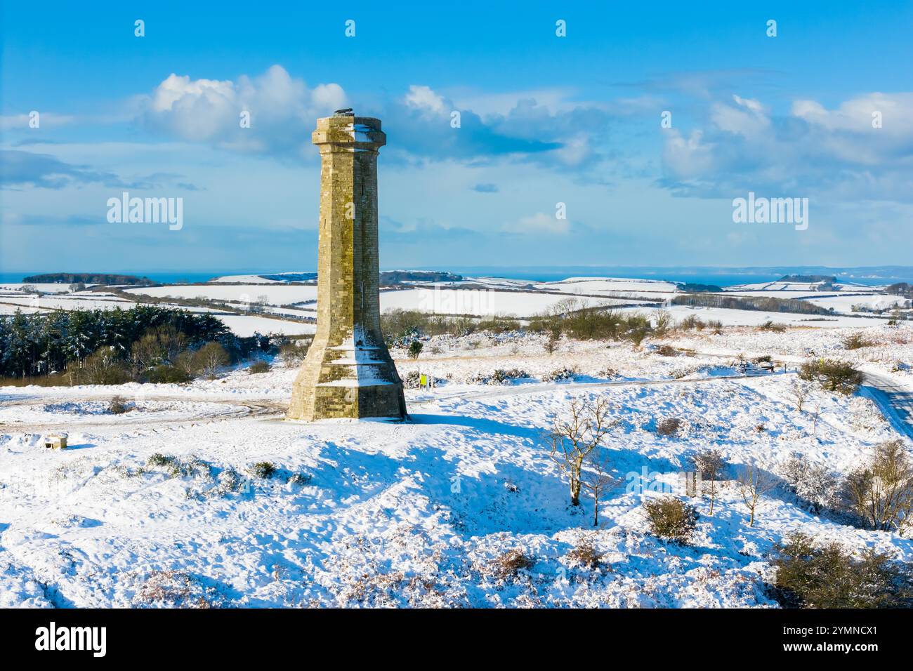 Hardy Monument, Portesham, Dorset, Großbritannien. November 2024. Wetter in Großbritannien. Am Hardy Monument in Portesham in Dorset liegt an einem kalten, sonnigen Morgen nach dem starken Schneefall von gestern noch Schnee. Das Denkmal wurde in Erinnerung an Vizeadmiral Sir Thomas Masterman Hardy errichtet, der Flaggenkapitän an Bord der HMS Victory in der Schlacht von Trafalgar war. Bildnachweis: Graham Hunt/Alamy Live News Stockfoto