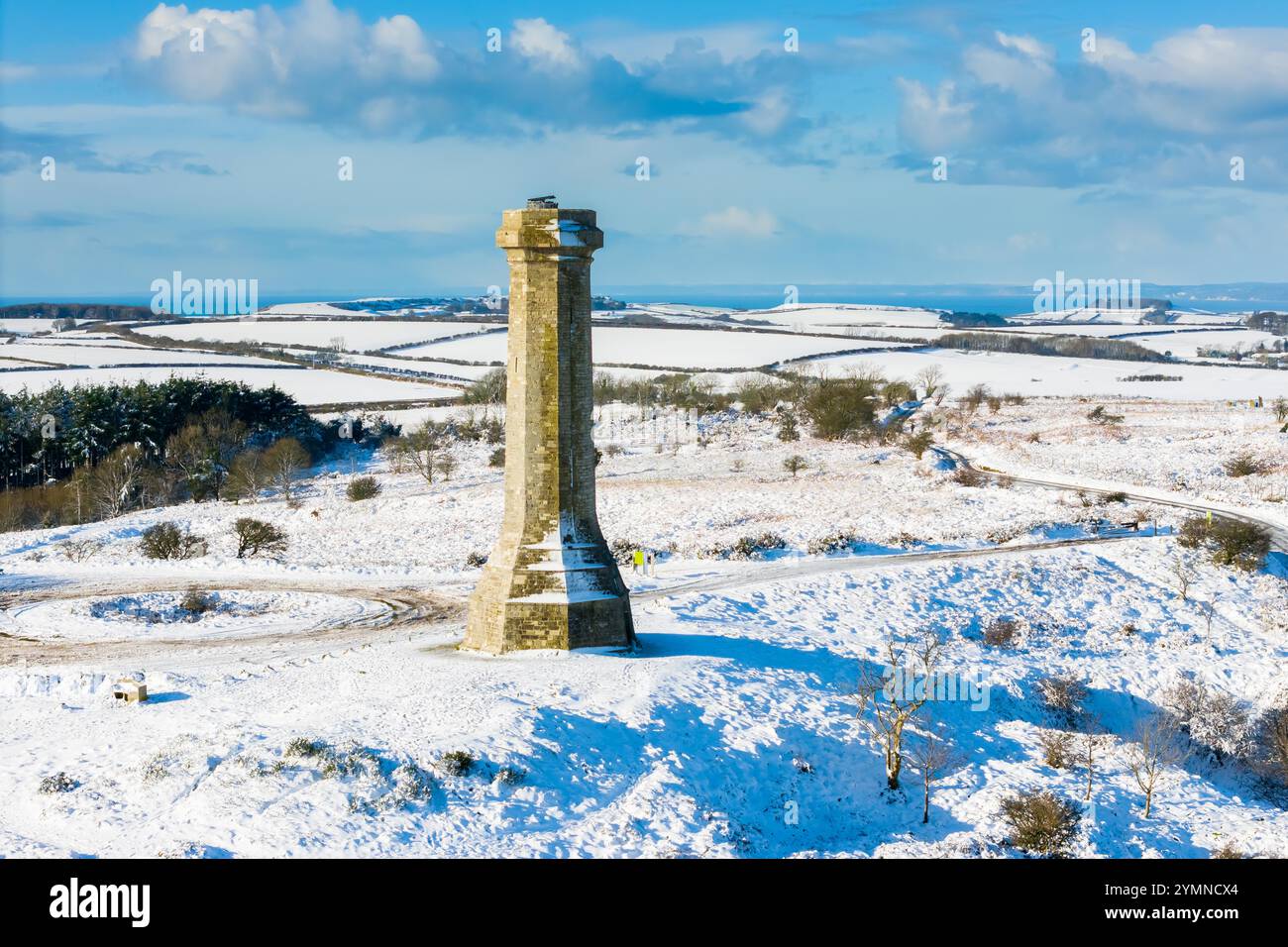 Hardy Monument, Portesham, Dorset, Großbritannien. November 2024. Wetter in Großbritannien. Am Hardy Monument in Portesham in Dorset liegt an einem kalten, sonnigen Morgen nach dem starken Schneefall von gestern noch Schnee. Das Denkmal wurde in Erinnerung an Vizeadmiral Sir Thomas Masterman Hardy errichtet, der Flaggenkapitän an Bord der HMS Victory in der Schlacht von Trafalgar war. Bildnachweis: Graham Hunt/Alamy Live News Stockfoto