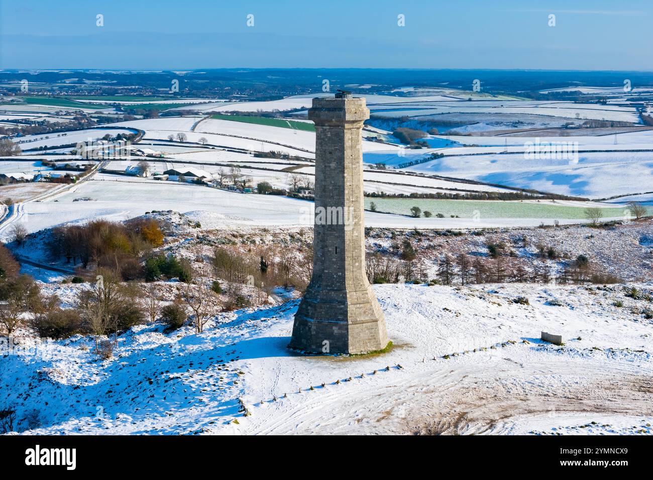 Hardy Monument, Portesham, Dorset, Großbritannien. November 2024. Wetter in Großbritannien. Am Hardy Monument in Portesham in Dorset liegt an einem kalten, sonnigen Morgen nach dem starken Schneefall von gestern noch Schnee. Das Denkmal wurde in Erinnerung an Vizeadmiral Sir Thomas Masterman Hardy errichtet, der Flaggenkapitän an Bord der HMS Victory in der Schlacht von Trafalgar war. Bildnachweis: Graham Hunt/Alamy Live News Stockfoto