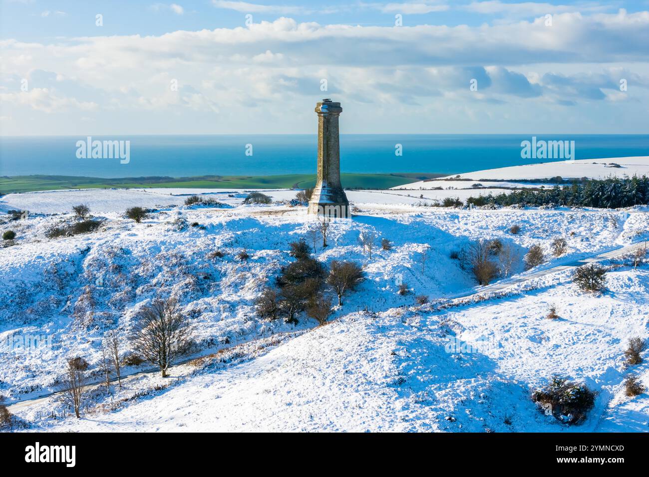 Hardy Monument, Portesham, Dorset, Großbritannien. November 2024. Wetter in Großbritannien. Am Hardy Monument in Portesham in Dorset liegt an einem kalten, sonnigen Morgen nach dem starken Schneefall von gestern noch Schnee. Das Denkmal wurde in Erinnerung an Vizeadmiral Sir Thomas Masterman Hardy errichtet, der Flaggenkapitän an Bord der HMS Victory in der Schlacht von Trafalgar war. Bildnachweis: Graham Hunt/Alamy Live News Stockfoto