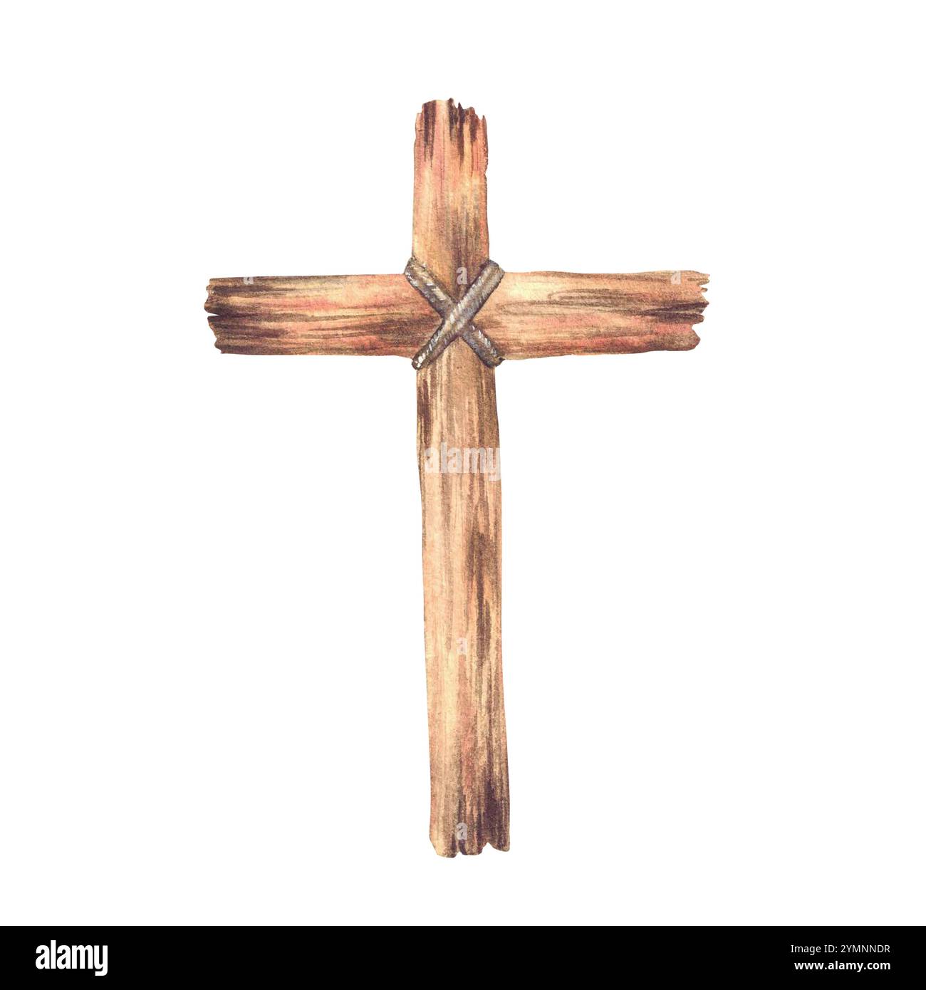 Holzkreuz mit einem Seil gebunden. Aquarell altes rustikales christliches Kreuz. Handgemalte Illustration katholisches oder orthodoxes religiöses Kirchensymbol für die Stockfoto