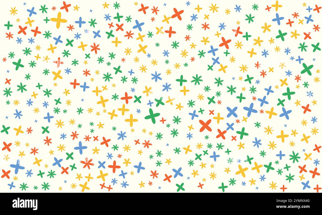 Buntes abstraktes Kreuz- und Sternenmuster. Verspieltes Design mit blauen, grünen, gelben und roten Elementen auf hellem Hintergrund Stock Vektor Buntes abstraktes Kreuz- und Sternenmuster. Verspieltes Design mit blauen, grünen, gelben und roten Elementen auf hellem Hintergrund Stock Vektor