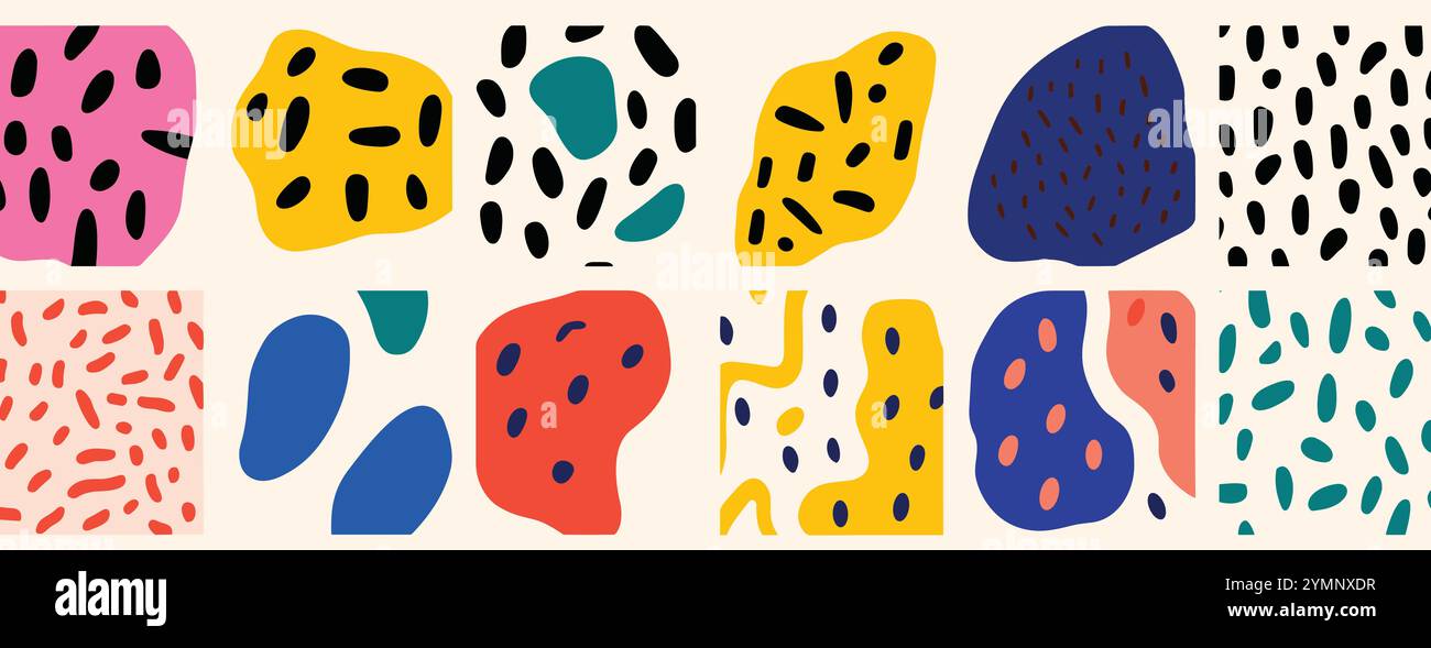 Farbenfrohes, abstraktes, nahtloses Muster in Kritzelform. Kreative Hintergrundkollektion im minimalistischen Stil, trendiges Design mit einfachen Formen Stock Vektor