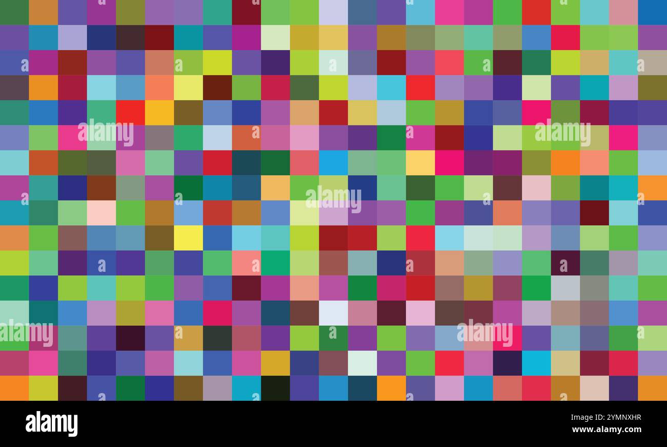 Farbenfroher, pixelfarbener Mosaikhintergrund mit leuchtenden Quadraten in einer vielfältigen Palette, die ein verspieltes und dynamisches Design schaffen. Perfekt für moderne digitale Kunst Stock Vektor