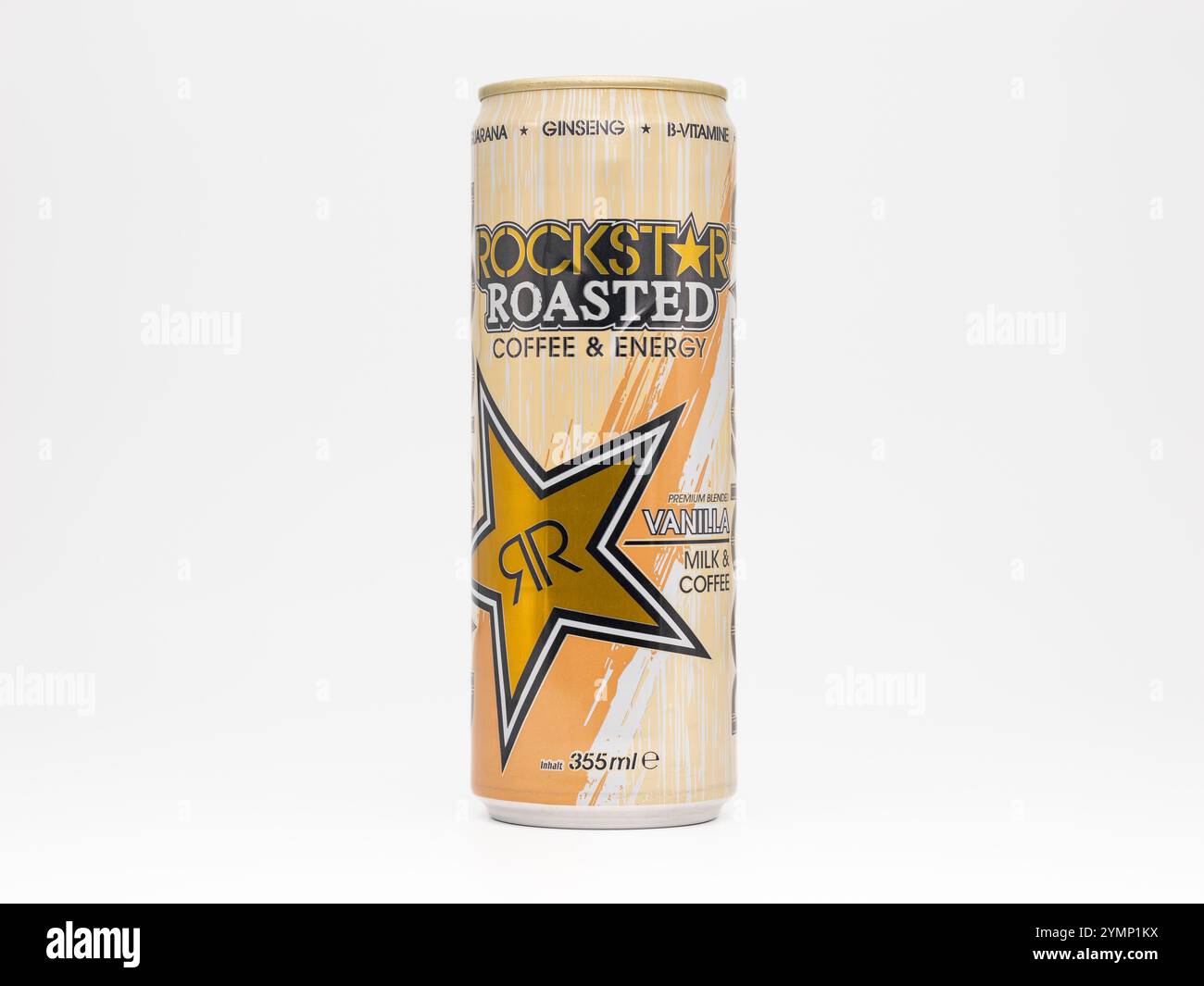 Rockstar gerösteter Vanillekaffee und Energy Drink Dose ab 2013. Die Mischung wurde in Deutschland in der 355-ml-Dose verkauft und wurde eingestellt. Stockfoto