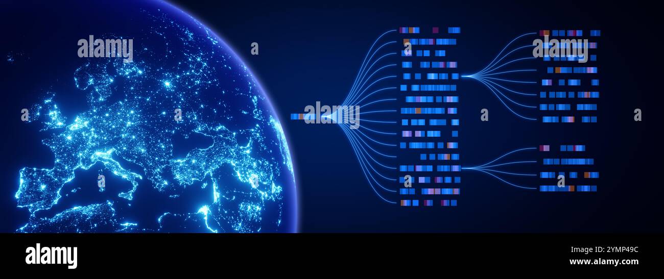 KI-gesteuerte Datentechnologie in einem globalen Netzwerk: Darstellung von Big Data, Analysen, Workflow und Automatisierung, Darstellung eines großen Sprachmodells Stockfoto