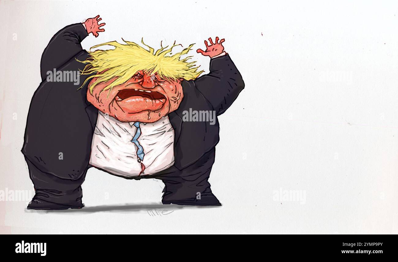 Kunstkarikatur, lustig, humorvoll, ehemaliger britischer Premierminister des Vereinigten Königreichs, Boris Johnson (Alexander Boris de Pfeffel Johnson), Autor, Abgeordneter Stockfoto