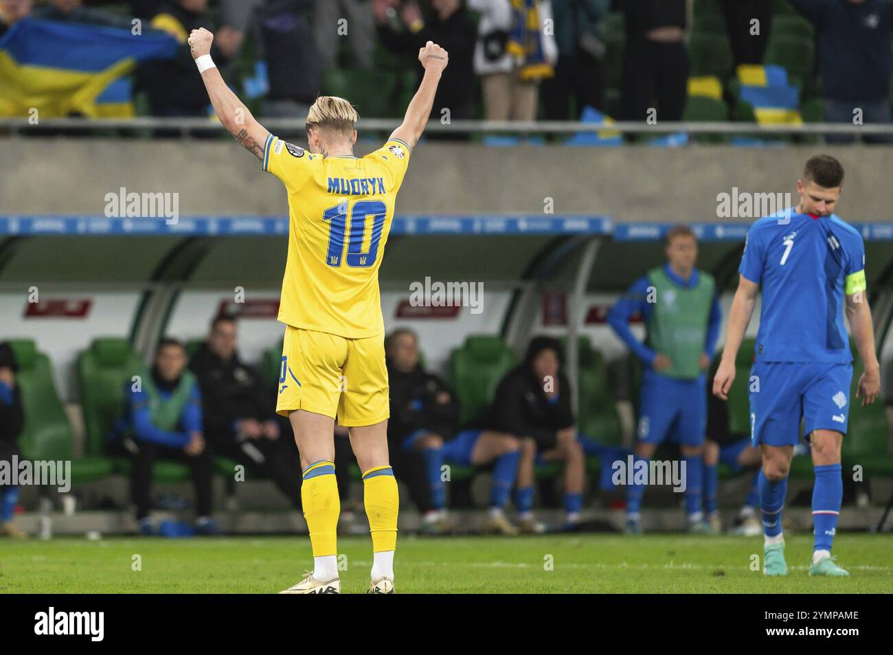 WROCLAW, POLEN - 26. MÄRZ 2024: Qualifikation für die UEFA Euro 2024. Letztes Play-off-Spiel Ukraine - Island 2:1. Die Freude von Mykhailo Mudryk nach dem matc Stockfoto